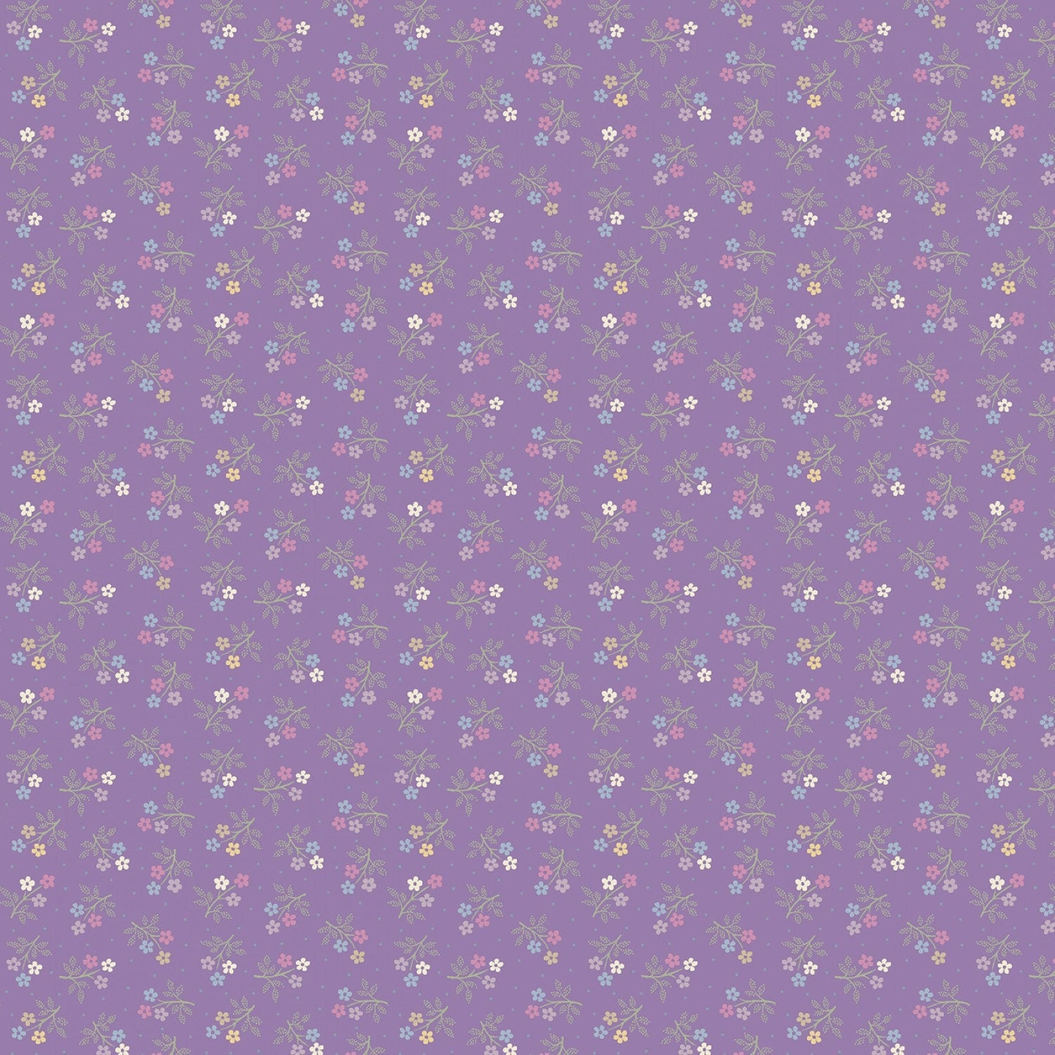 Lilac Mae Calico - Purple Flowers, Green, Blue, Marcus Fabrics, Cotton Fabric Yardage