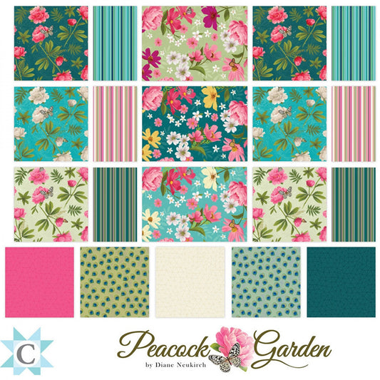 Peacock Garden - Floral Fabric Strips, 2.5 Inch Strips, Clothworks, 40 Strips Total, Pink, Green, Floral Strips