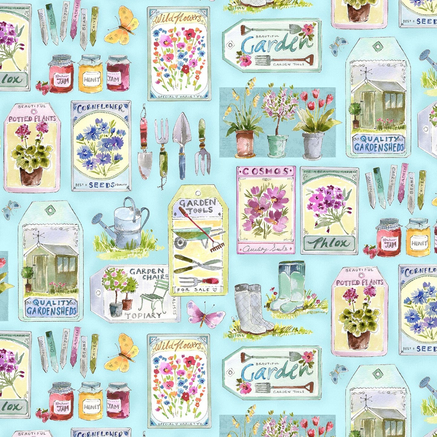 Blue Floral Yardage, Blue Gardening Essentials, Michael Miller, Fabric Yardage