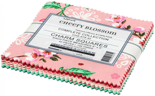 Cherry Blossoms - Floral Fabric Squares, Charm Pack, Pink, Teal, 5 inch Squares, 42 pieces, Cheery Blossom, Robert Kaufman, CHS-978-42