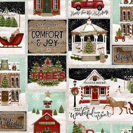 Multi Home for the Holidays Patchwork - Christmas Fabric, Winter yardage, Trees, Horses, Red Truck