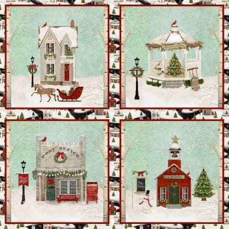 Home for the Holidays - Christmas Fabric Panel, Multi Winter Panel, Trees, Horses, Red Sleigh