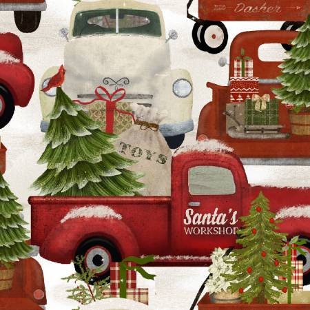 Multi Home for the Holidays Trucks, Christmas Fabric, Winter yardage, Red Pick-up Trucks