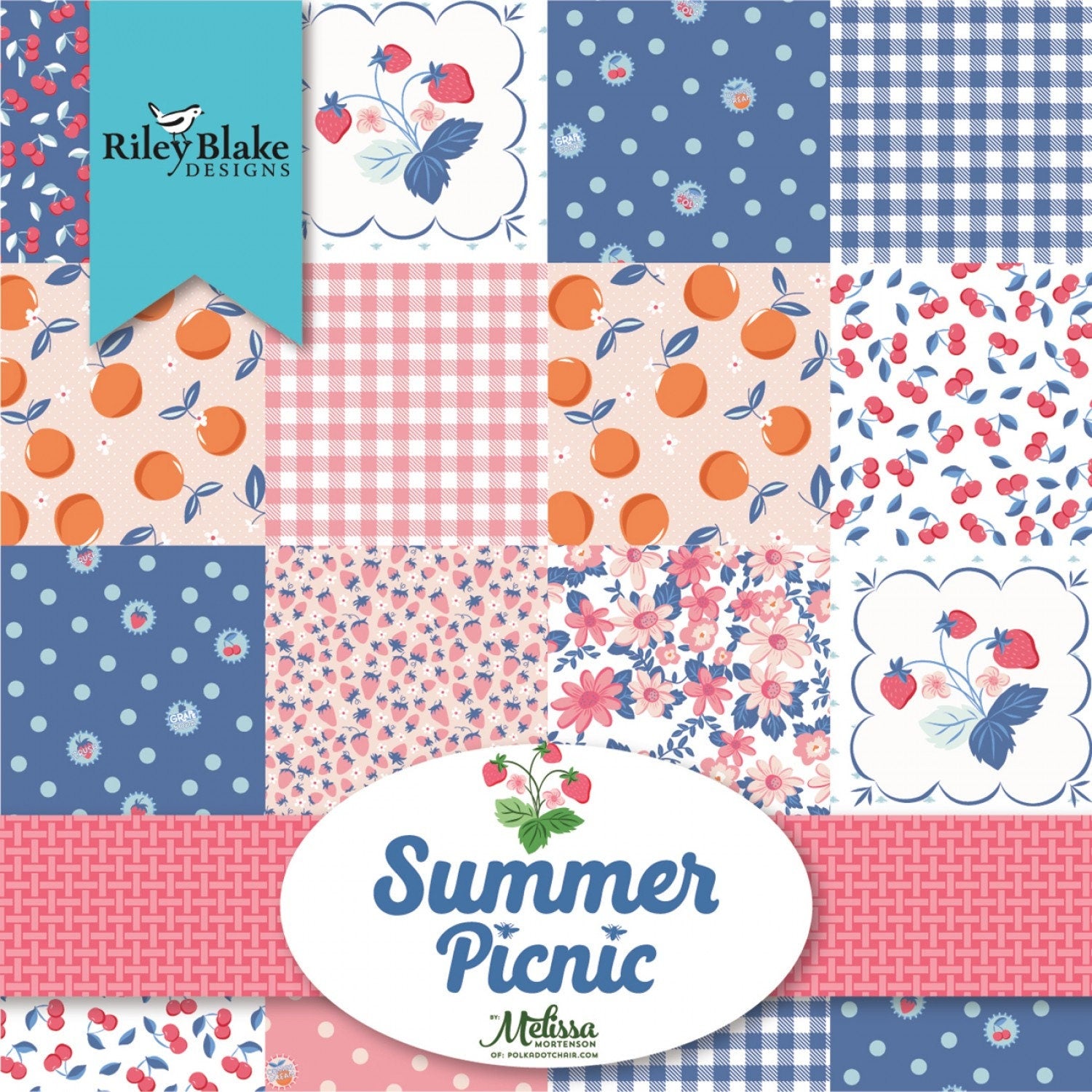 Summer Picnic Floral Fabric Strips, Strawberries, Cherries, Gingham, Pink, Blue, Green, 2.5 inch strips, 40 Strips Total, Riley Blake
