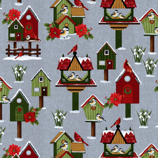 Christmas Fabric - Frozen in Time, Bird House print,  Yardage