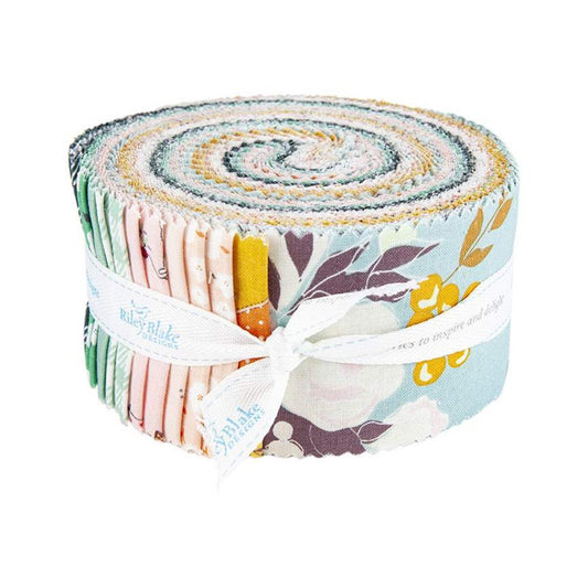 Hidden Cottage - Floral Fabric Strips, Flowers, Birds, Pink, Blue, Gold, Gingham, 2.5 inch strips, 40 Strips Total, Riley Blake