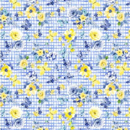 Blue Muse - Delft Flowering Yardage, Blue Yellow Floral Fabric, Yardage, White, Gingham look, Michael Miller