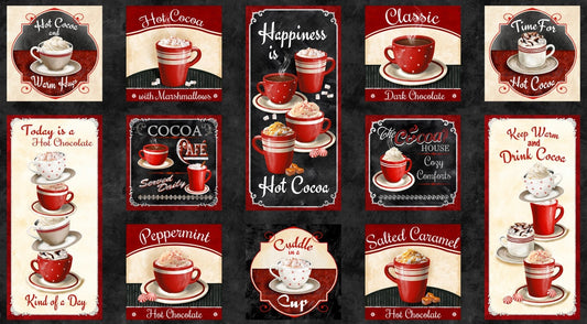 Time for Hot Cocoa Panel, Winter Panel, hot cocoa, red, black, Wilmington Prints