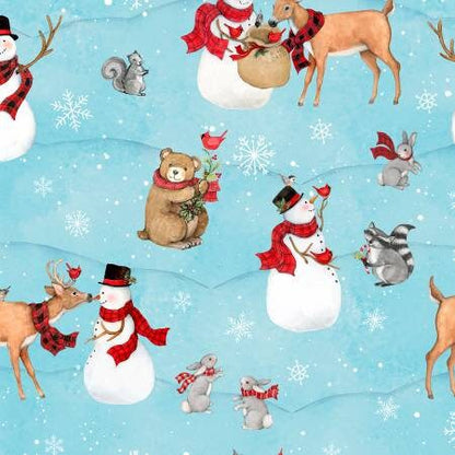 Christmas Fabric Squares, Nose to Nose, Snowman, Deer, Birds, Blue, Black Red, Wilmington Prints, 5 inches, 42 squares