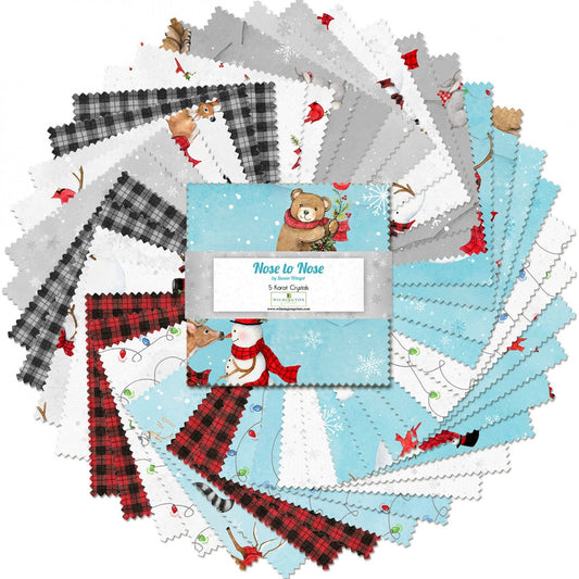 Nose to Nose, Christmas Fabric Squares, Snowman, Deer, Birds, Blue, Black Red, Wilmington Prints, 5 inches, 42 squares