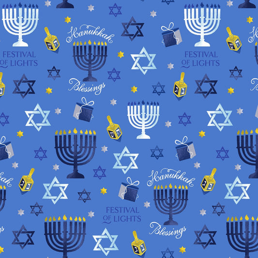 Hanukkah Fabric Yardage, Blue, White, Menorah, Dreidal, Hanukkah Blessings, One of a Kind, Windham, Whistler Studios
