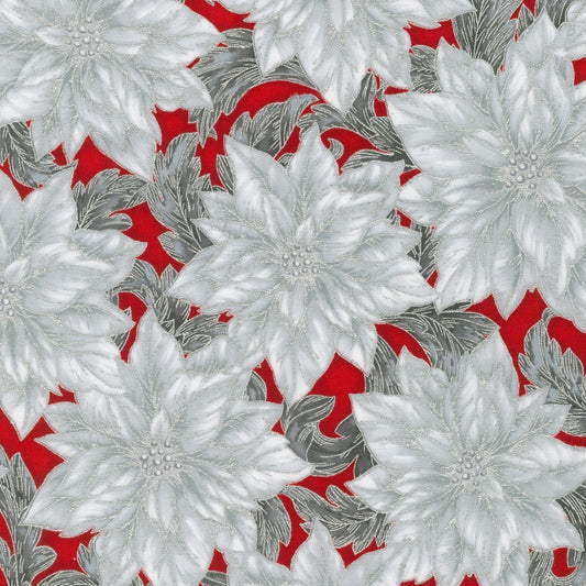 Holiday Flourish - Christmas fabric, Floral Yardage, Flower Scarlet Christmas with Metallic,  Red, White, Robert Kaufmann