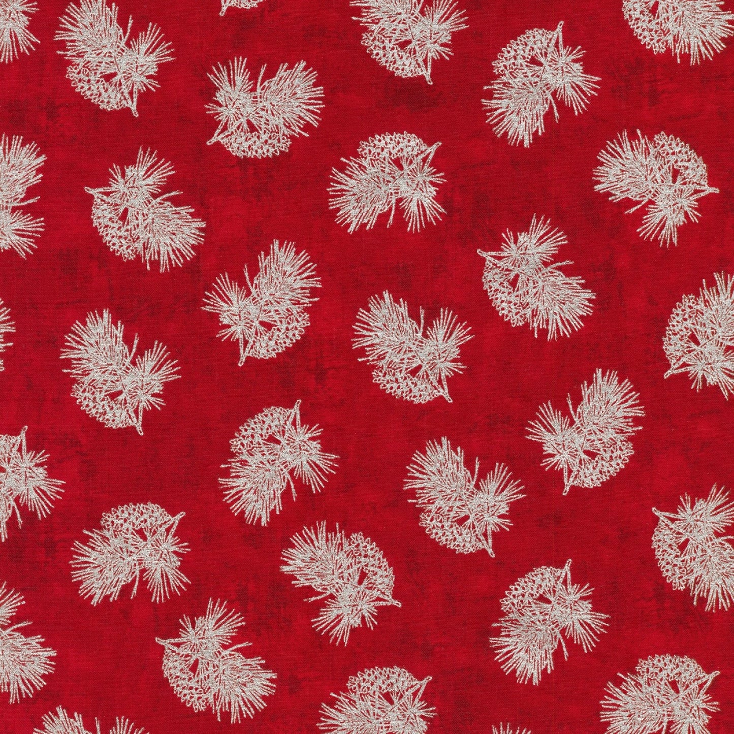 Winter's Grandeur - Christmas fabric, Floral Yardage, Pine cones Scarlet Christmas with Metallic, Red, White, Robert Kaufmann