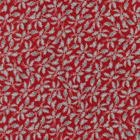 Winter's Grandeur - Christmas fabric, Leaves Scarlet Christmas with Metallic, Floral Yardage, Red, White, Robert Kaufmann