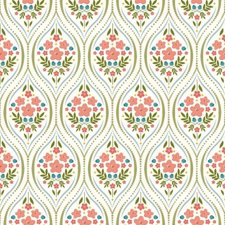 Primrose Hill, - Pink Blue Floral Yardage, Damask Cream, Riley Blake, Cotton Fabric Yardage