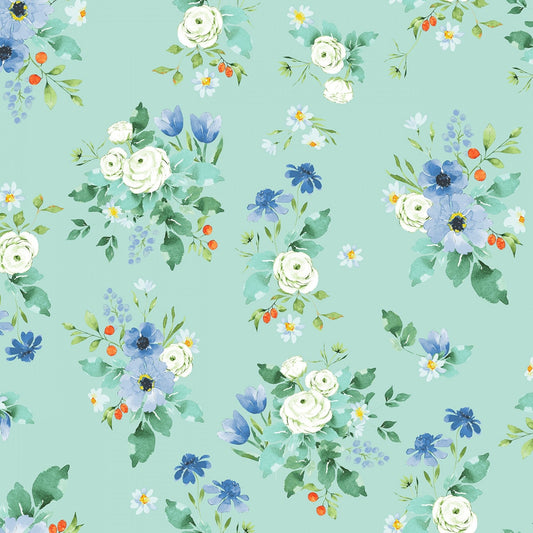 Light Turquoise Bouquet - Blue Floral Yardage, Clothworks