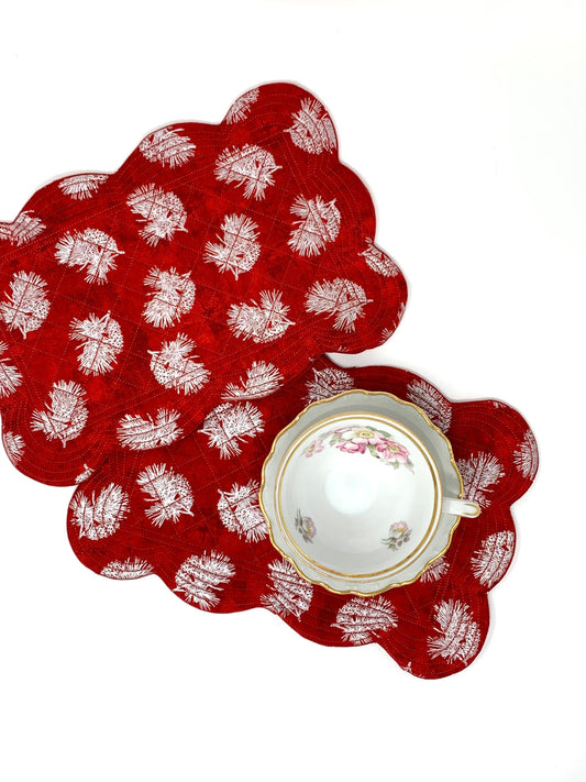 Red Silver Mug Rug, Set of 2, Christmas, Snack Mat, Place Mat,  Mini Quilt, Scalloped Edge