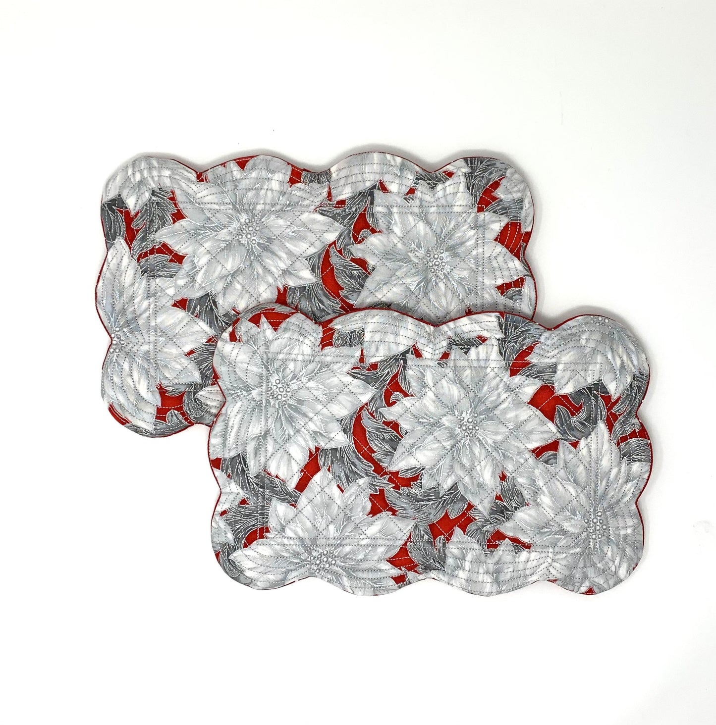 Red White Mug Rug, Set of 2, Christmas, Floral, Snack Mat, Place Mat, Mini Quilt, Scalloped Edge