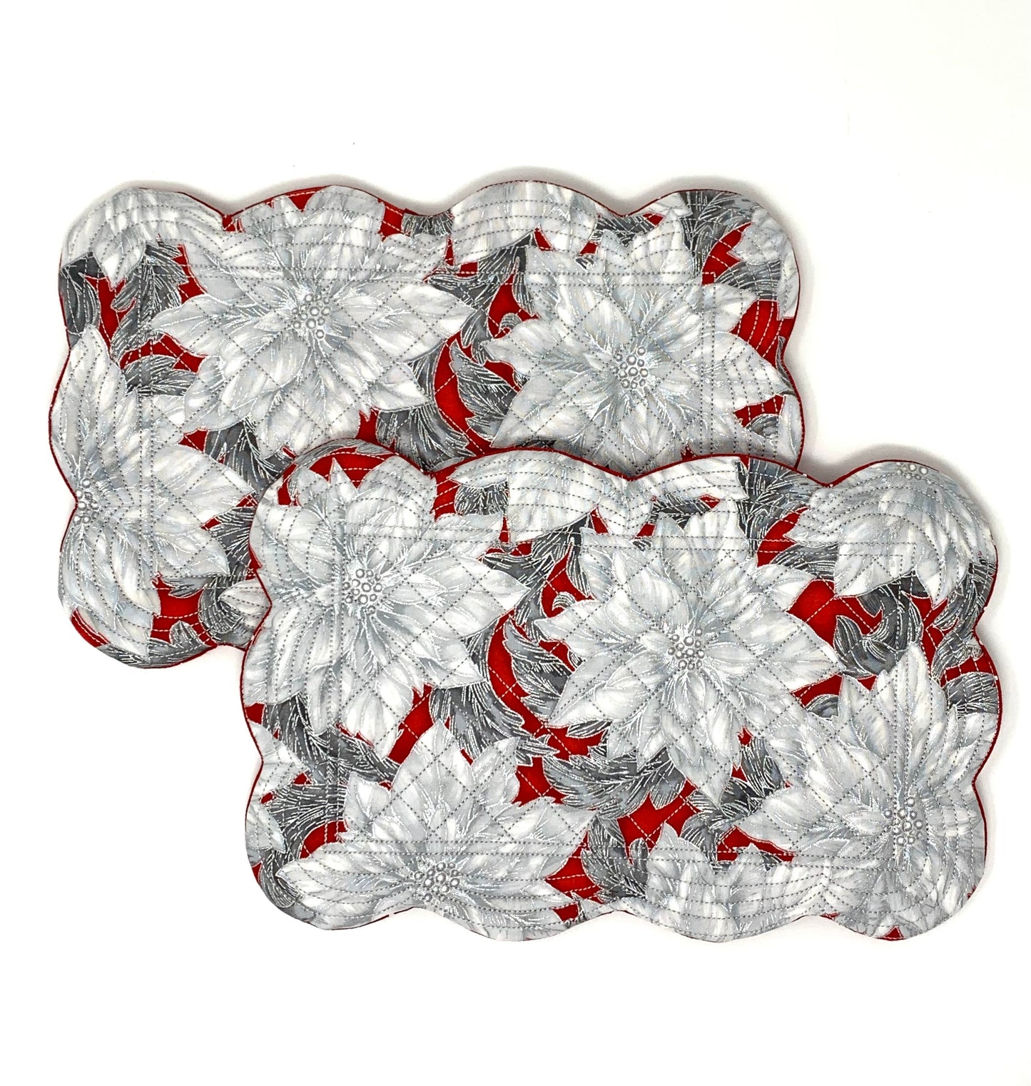 Red White Mug Rug, Set of 2, Christmas, Floral, Snack Mat, Place Mat, Mini Quilt, Scalloped Edge