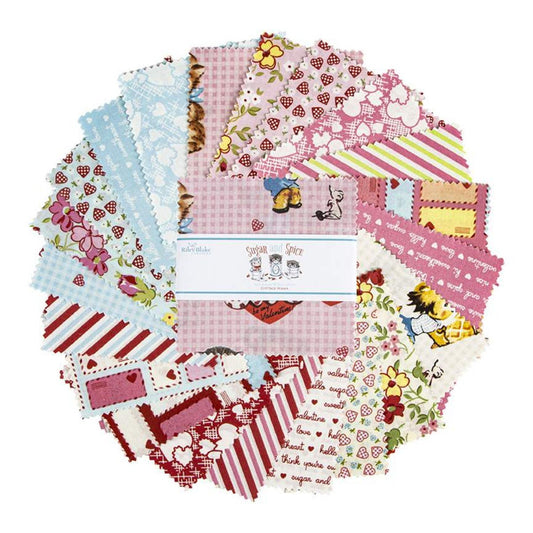 Sugar and Spice - Pink Red Fabric Squares, 5 inch Stacker, Charm Pack, Valentines Day, Riley Blake