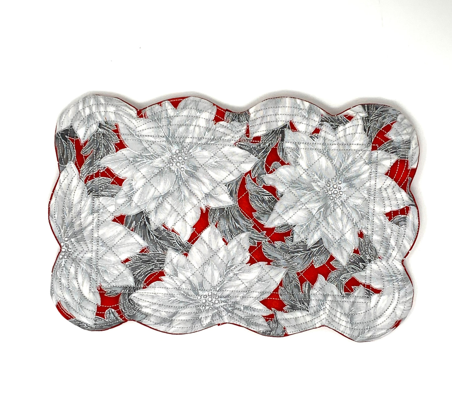 Red White Mug Rug, Set of 2, Christmas, Floral, Snack Mat, Place Mat, Mini Quilt, Scalloped Edge