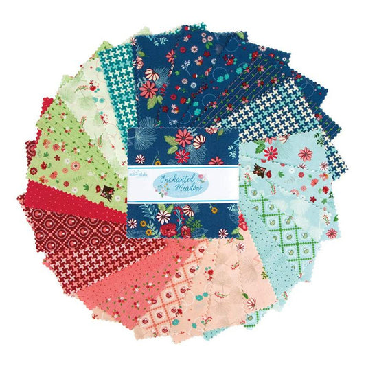Enchanted Meadow - Floral Fabric Squares, 5 inch Stacker, Charm Pack, blue, pink, red, Riley Blake Designs