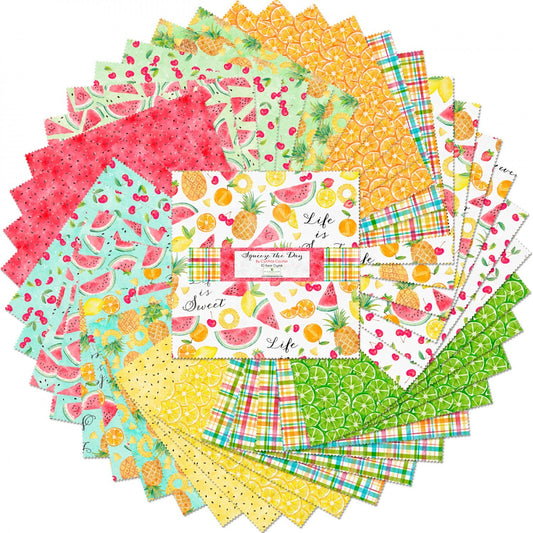 Squeeze the Day - Summer Fabric Squares, Pink, Blue, Yellow, Wilmington Prints, 10 inch squares, Q508-713-518, 42 Pieces, Layer Cake, Stacker