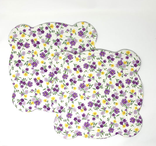 Purple, Yellow, Wildflowers, Scalloped Place Mats, Set of 2, Floral, Scalloped Edge, Mini Quilts, Handmade
