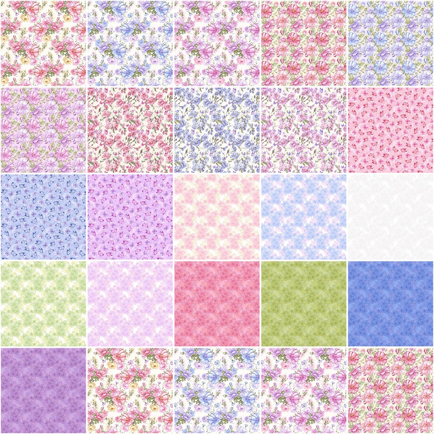 Judy's Bloom - Floral Fabric Squares, Charm Pack, Eleanor Burns, Pink, Purple, Blue, Green, Benartex, 5 inch squares