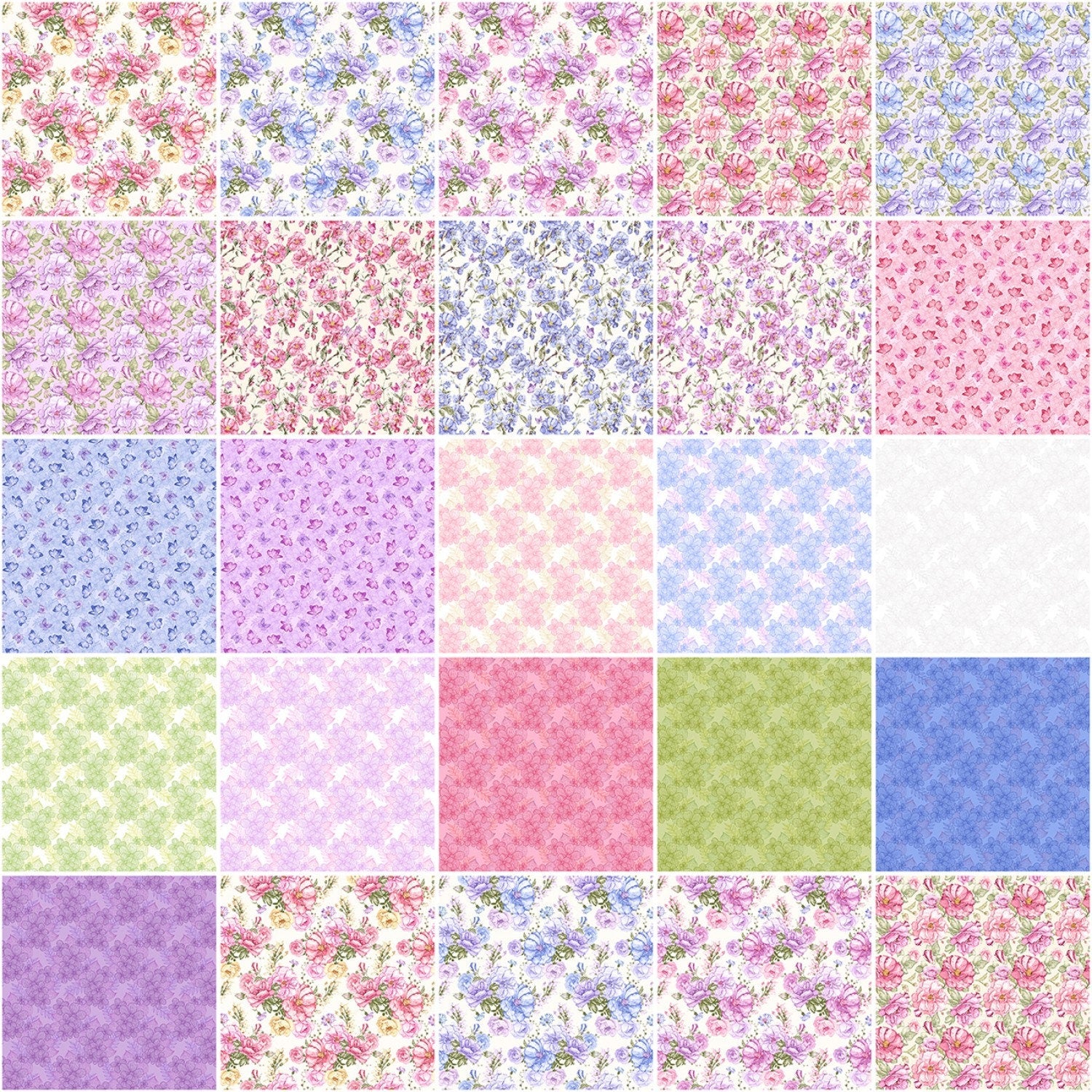 Judy's Bloom - Floral Fabric Squares, Charm Pack, Eleanor Burns, Pink, Purple, Blue, Green, Benartex, 5 inch squares