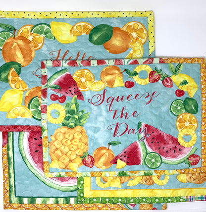 Summer Placemats, Squeeze the Day, Quilts, Set of 4, Fruit Decor, Blue, Yellow, Red