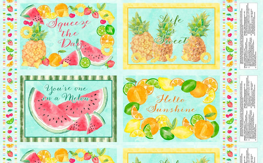 Squeeze the Day - Summer Placemats Fabric Panel, Fruit Decor, Blue, Yellow, Red