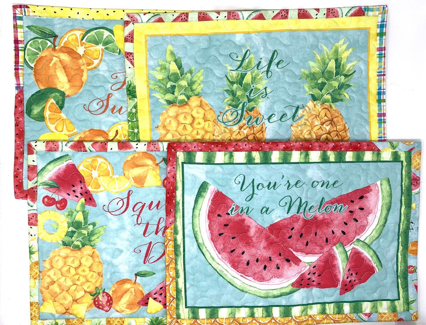 Summer Placemats, Squeeze the Day, Quilts, Set of 4, Fruit Decor, Blue, Yellow, Red