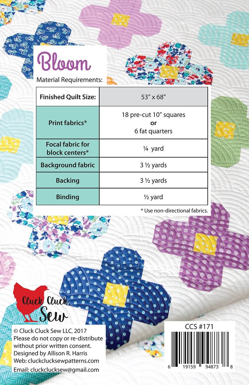 Bloom by Cluck Cluck Sew, Quilt Pattern, Allison Harris, Throw, Layer Cake, Fat Quarter friendly, 53" x 68"