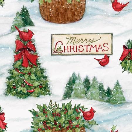 Christmas Fabric, Red Birds Merry Christmas, Snow, Red Cardinals, Trees, Green, Red, White, Yardage