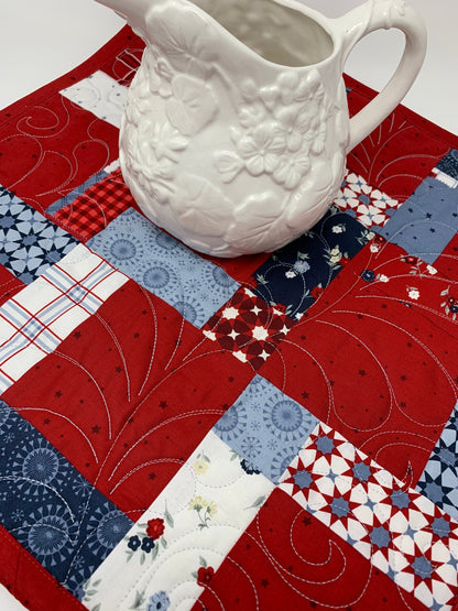 Patriotic Table Topper Quilt, American Dream, Summer, Red, White, Blue, Independence Day, Handmade