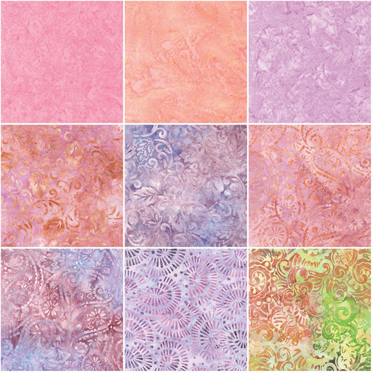 Bali Palettes Sherbert Collection - Pink, Lavender, Batik Fabric Squares, Charm Pack, Benartex, 5 inch squares