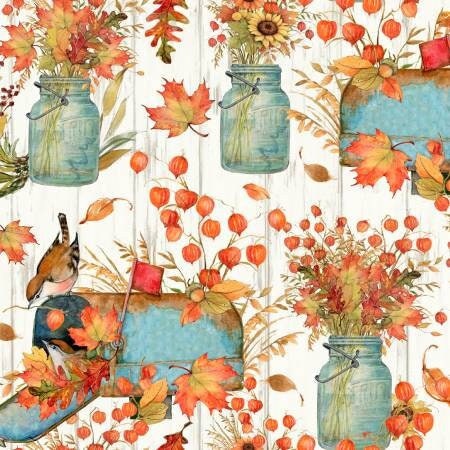Harvest Mason Jars Fall Fabric, Autumn yardage, leaves, birds, orange, Fall yardage