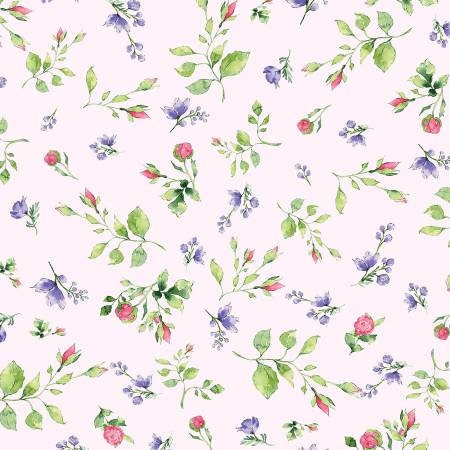 Cherish - Pink Floral Yardage, Light Pink Rosebuds, Purple, Green, Clothworks, Floral Fabric yardage, Y3553-41