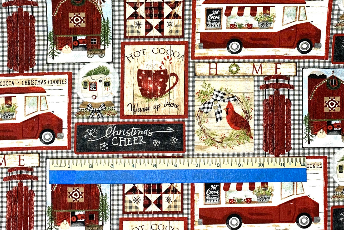 Home for the Holidays Patchwork - Christmas Fabric, Winter yardage, Trees, Hot Cocoa, Red, Green, Check