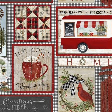 Home  for the Holidays Patchwork - Christmas Fabric, Winter yardage, Trees, Hot Cocoa, Red, Green, Check