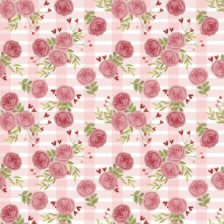 Pink Rose Yardage, Valentines Day, Pink, Heart Bouquet, Hugs, Kisses and Special Wishes, Beth Albert, Cotton Fabric