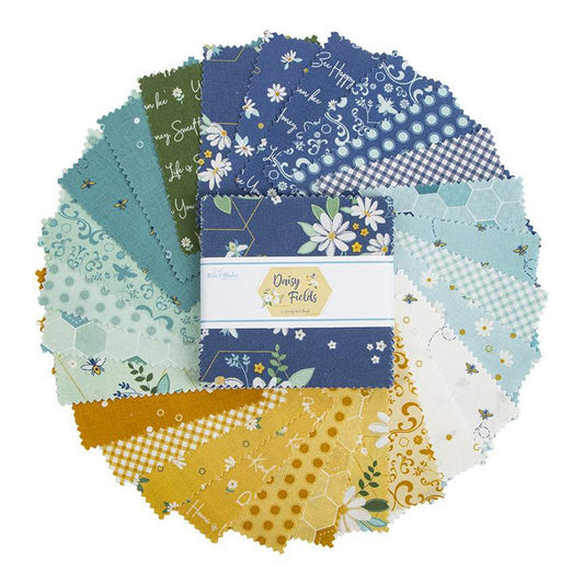 Daisy Fields - Floral Blue Squares, Charm Pack, 42 Fabric Squares Total, Riley Blake