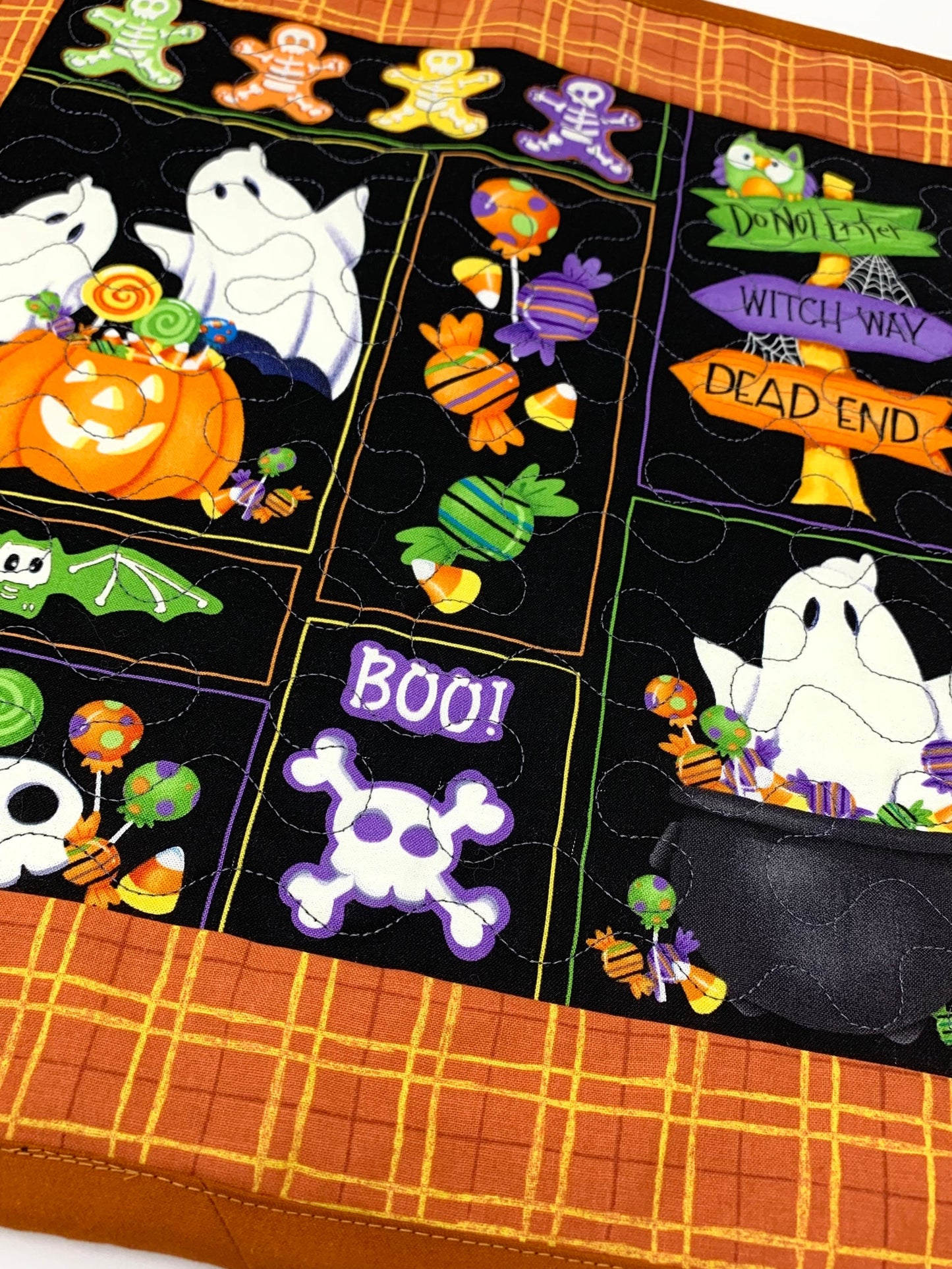 Halloween Quilt, Small 16x16, Ghosts, Pumpkins, Orange, Purple, Black, Wallhanging, Handmade