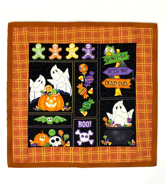 Halloween Quilt, Small 16x16, Ghosts, Pumpkins, Orange, Purple, Black, Wallhanging, Handmade
