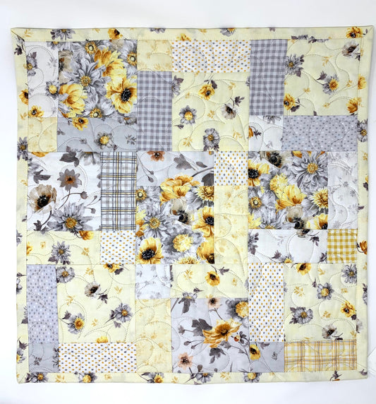 Floral Table Topper Quilt, Yellow, Gray, Flowers, Handmade