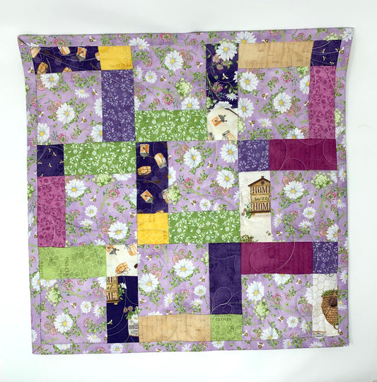 Floral Table Topper Quilt, Purple, Lavender, Green, White, Daisies, Bees, Handmade