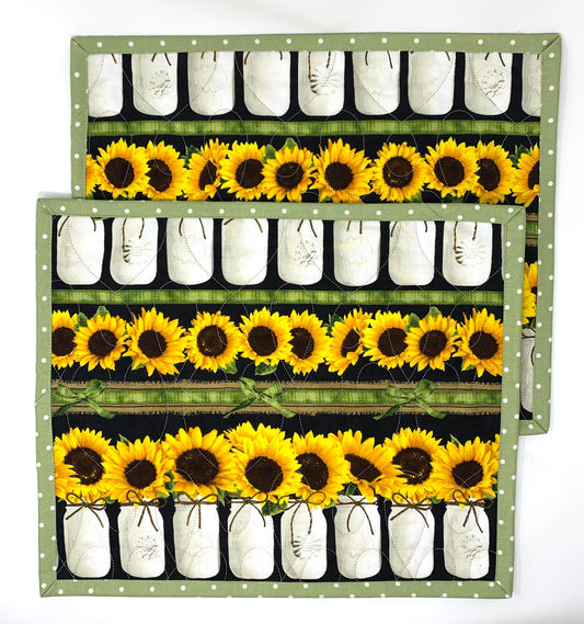 Sunflowers in mason jars Placemats, Fall Table, Yellow, Green polka dots, Set of 2, Handmade