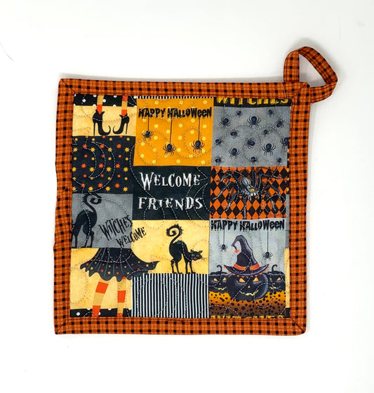 Halloween Pot Holder, Large 9x9, Hanging Loop, Witches Welcome, Black Cats, Orange, Mini Quilt