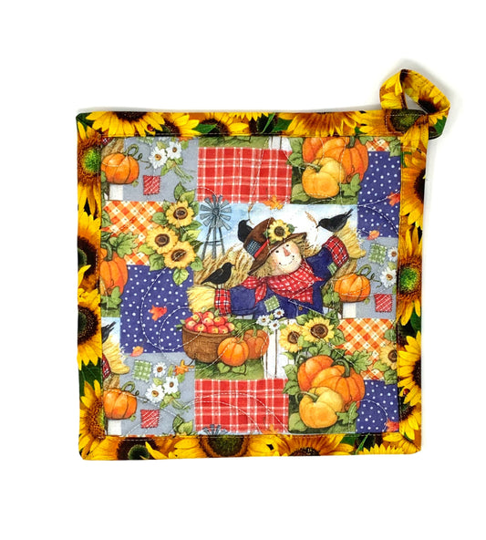 Fall Pot Holder, Large 9x9, Hanging Loop, Scarecrow, sunflowers, pumpkins, Hot pad